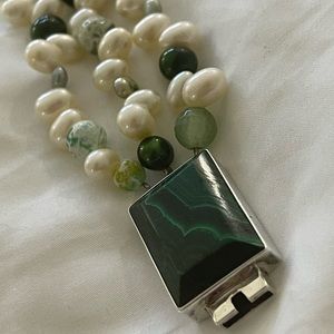 Pearl and Malachite 7” Bracelet w/Seaglass set in fine silver
